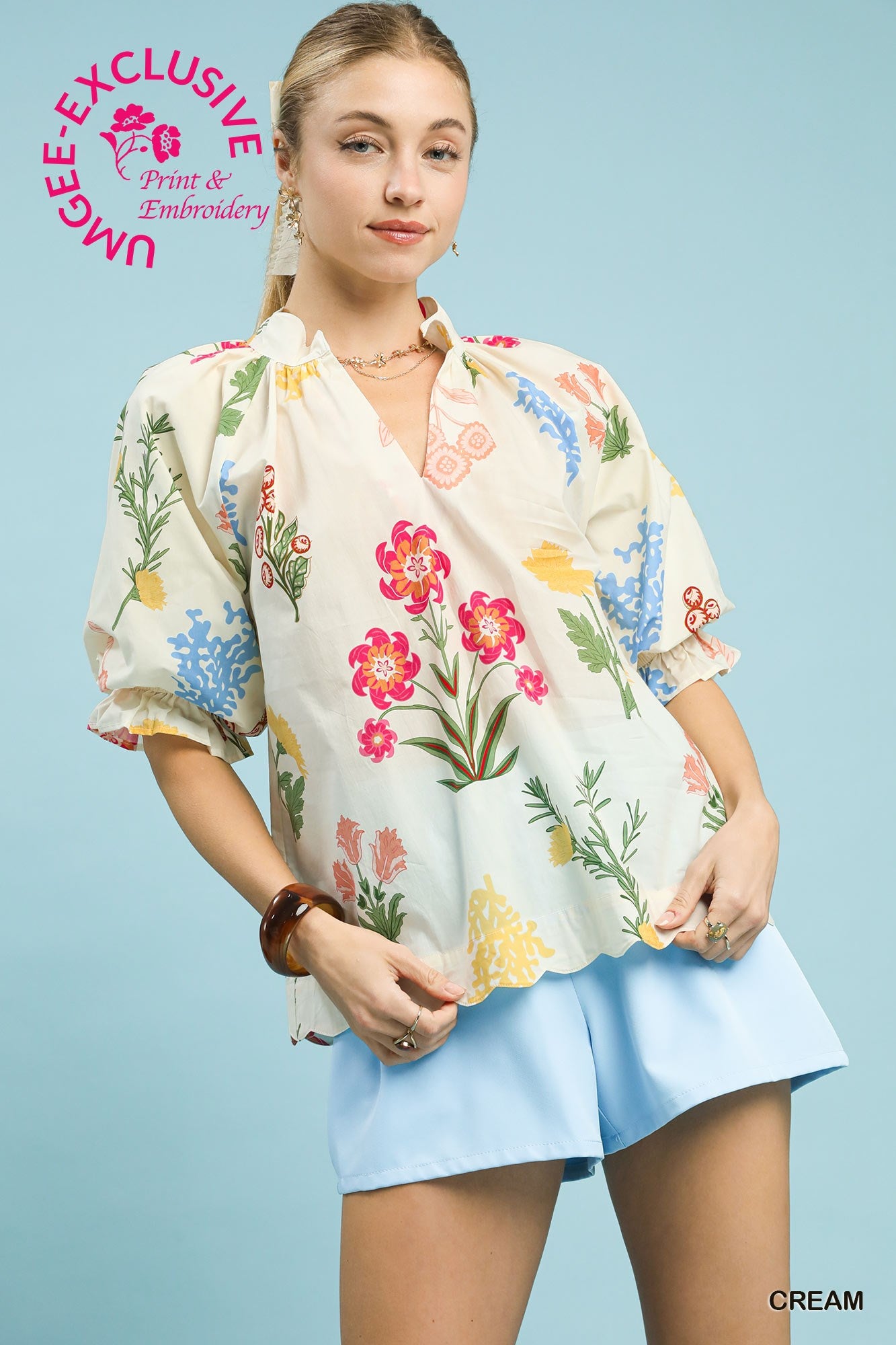 Umgee Cream Floral Scalloped Hem Top