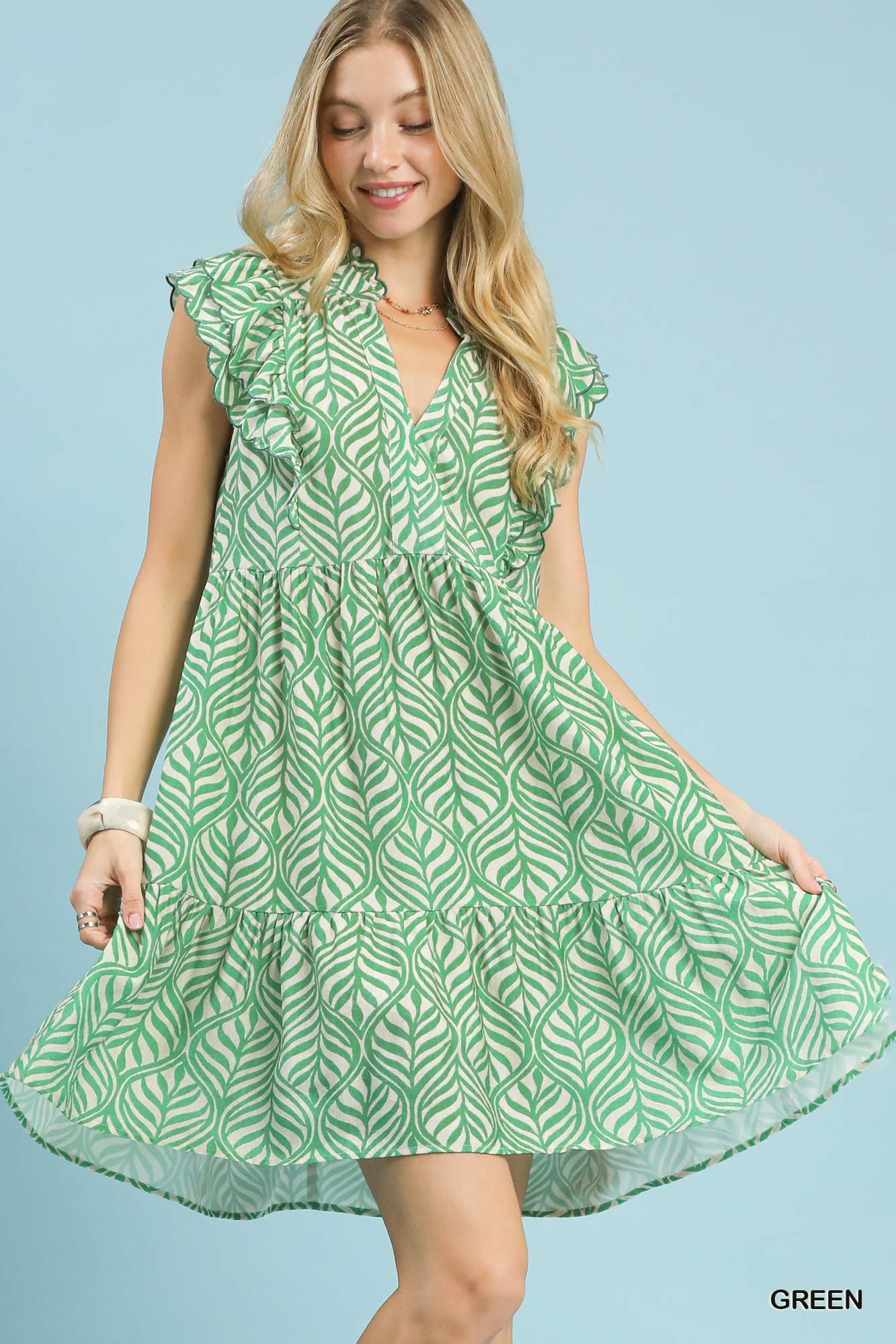 Umgee Green Leaf Print Tiered Mini Dress