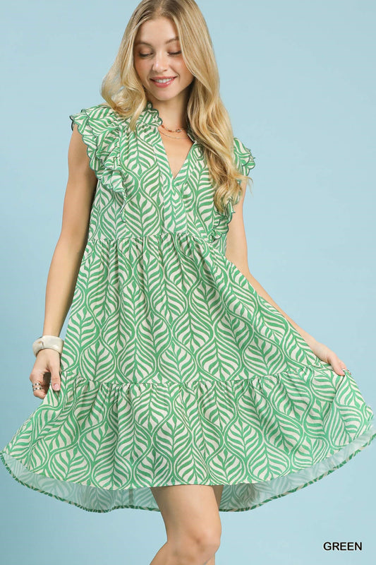 Umgee Green Leaf Print Tiered Mini Dress