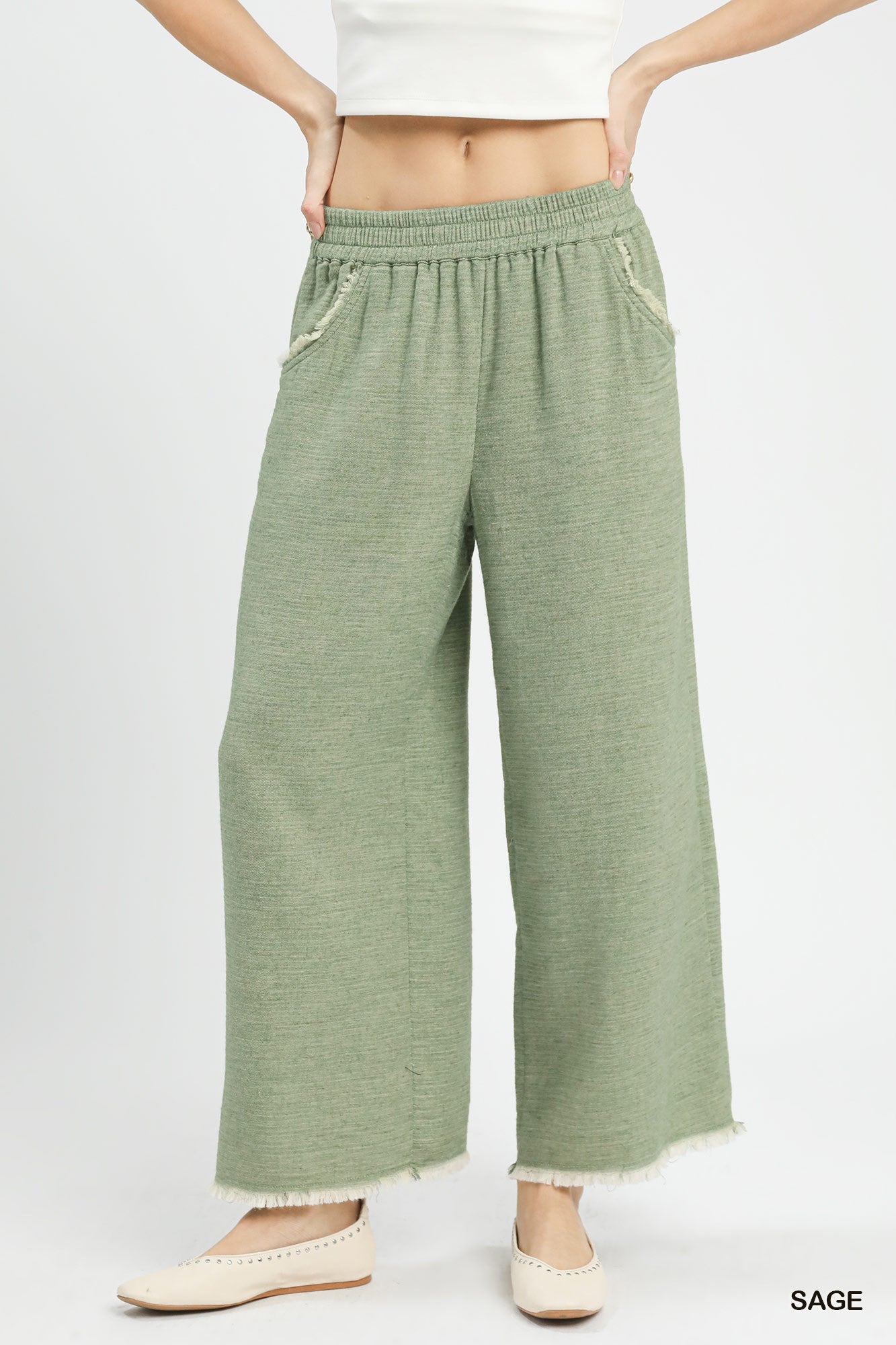 Umgee Frayed Hem Wide Leg Pants – Sage