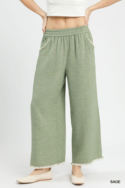 Umgee Frayed Hem Wide Leg Pants – Sage