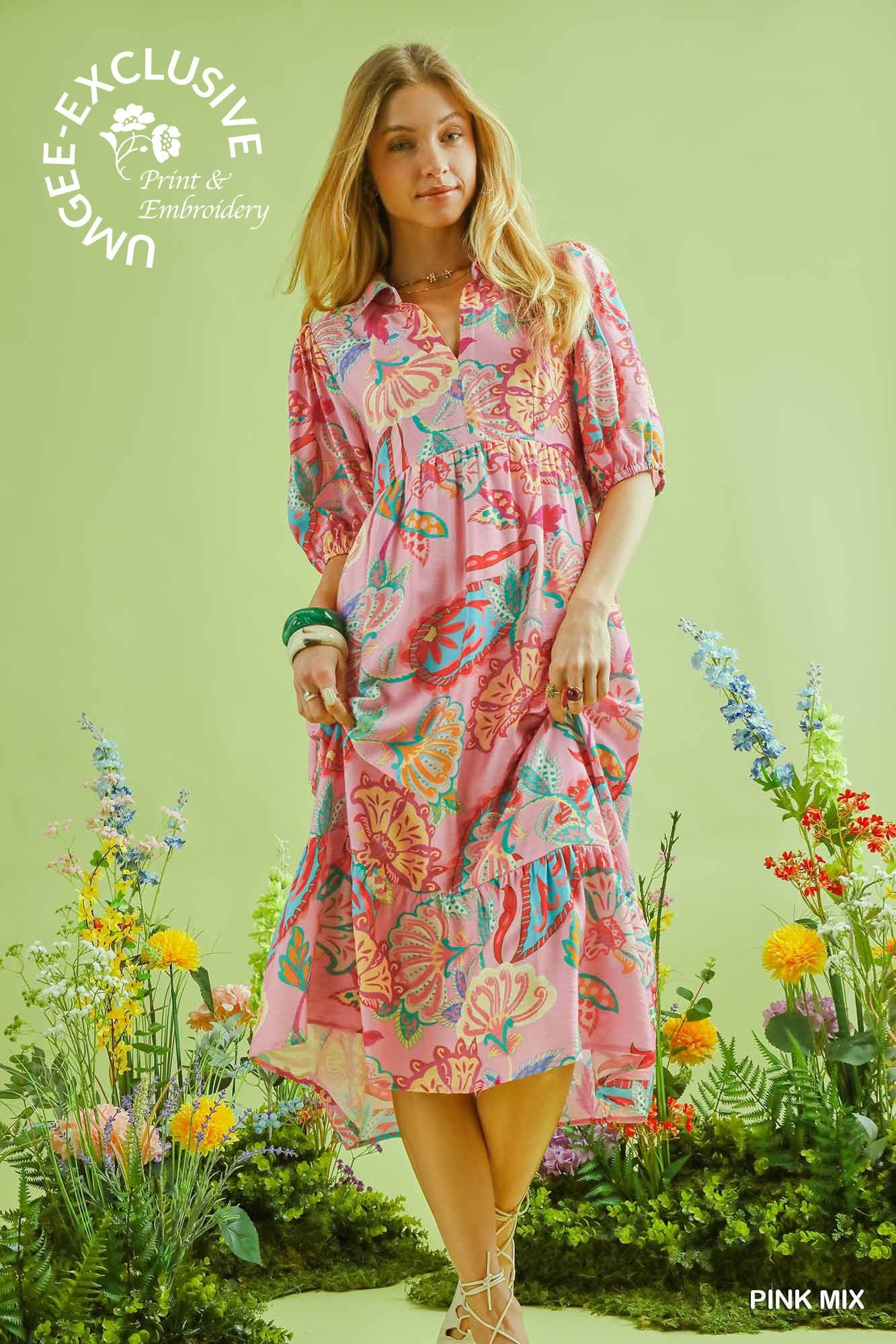Umgee Exclusive Mix Paisley Print Maxi Dress – Pink Mix
