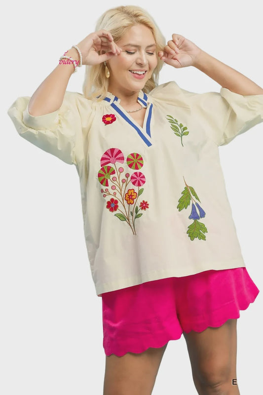 PLUS Umgee Ecru Floral Embroidered Puff Sleeve Top