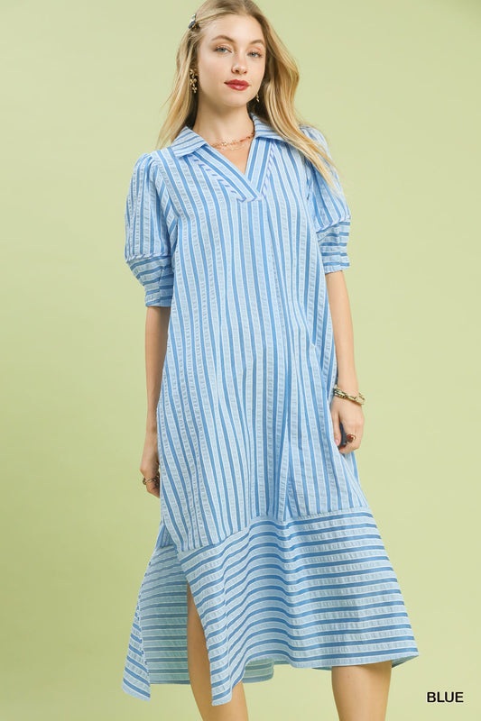 Umgee Blue Striped Puff Sleeve Midi Dress with V-Notch Neckline