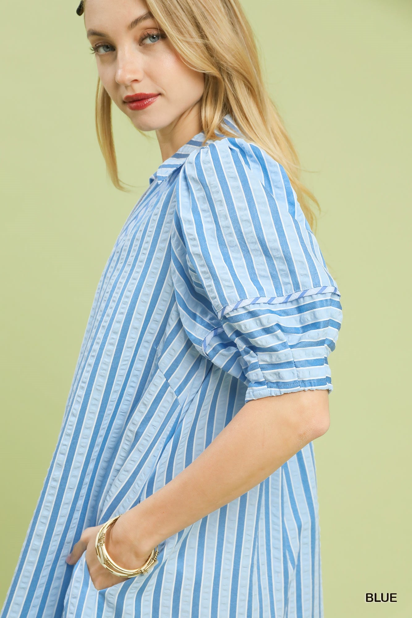 Umgee Blue Striped Puff Sleeve Midi Dress with V-Notch Neckline