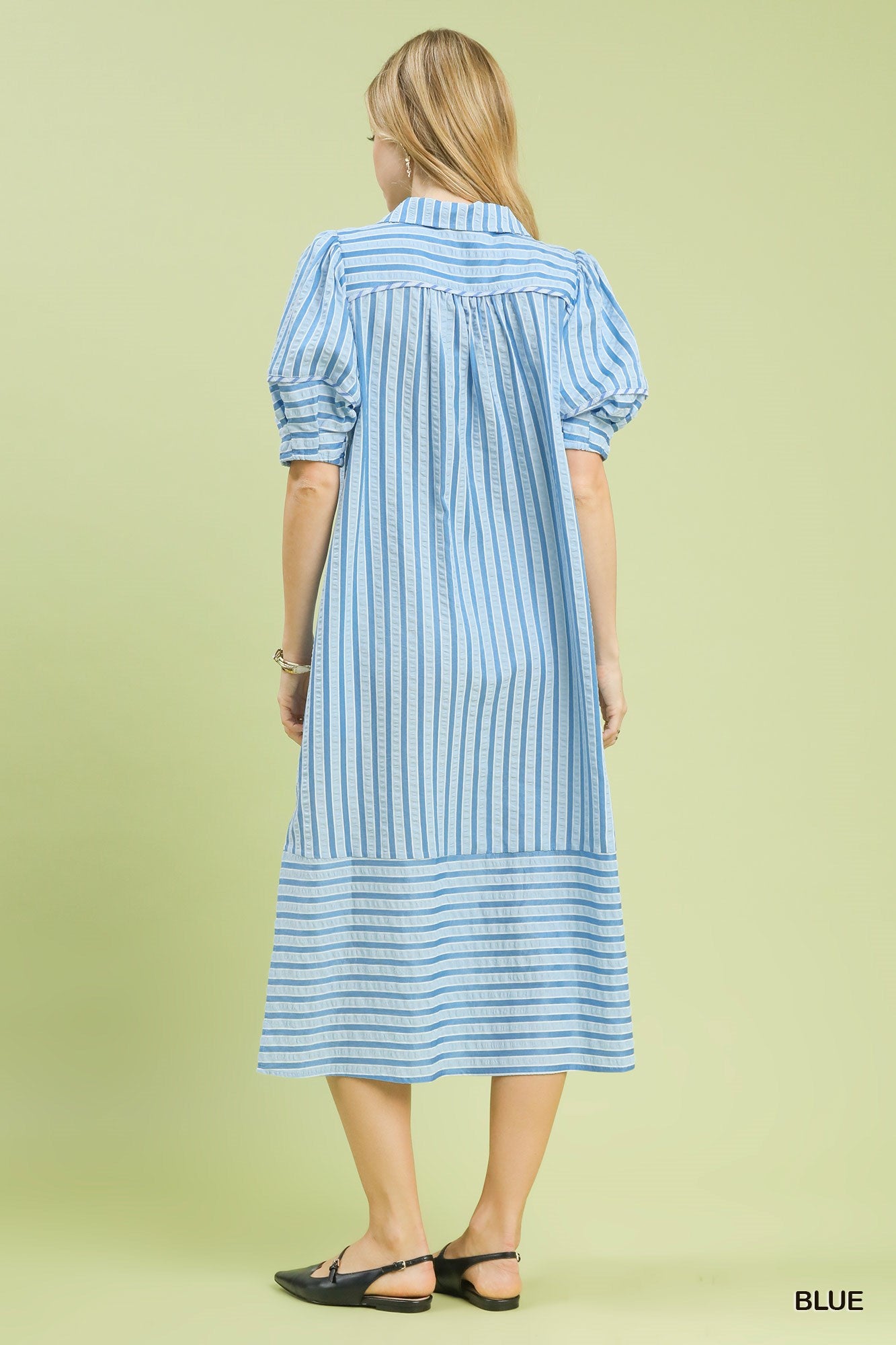 Umgee Blue Striped Puff Sleeve Midi Dress with V-Notch Neckline