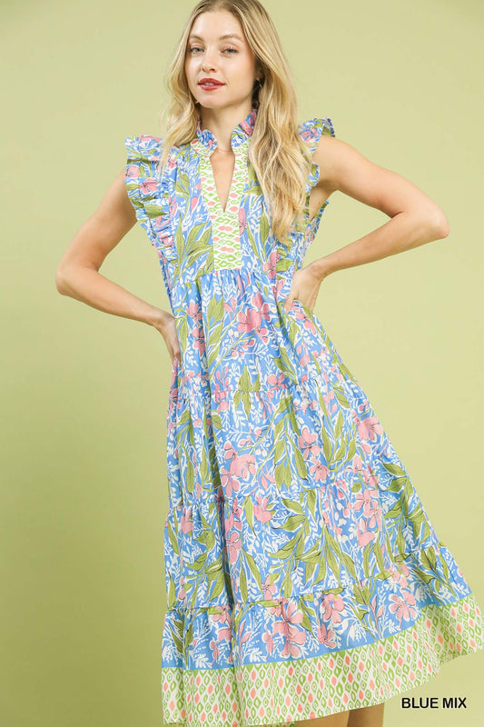 Umgee Blue Mix Floral Tiered Midi Dress with Ruffle Sleeves