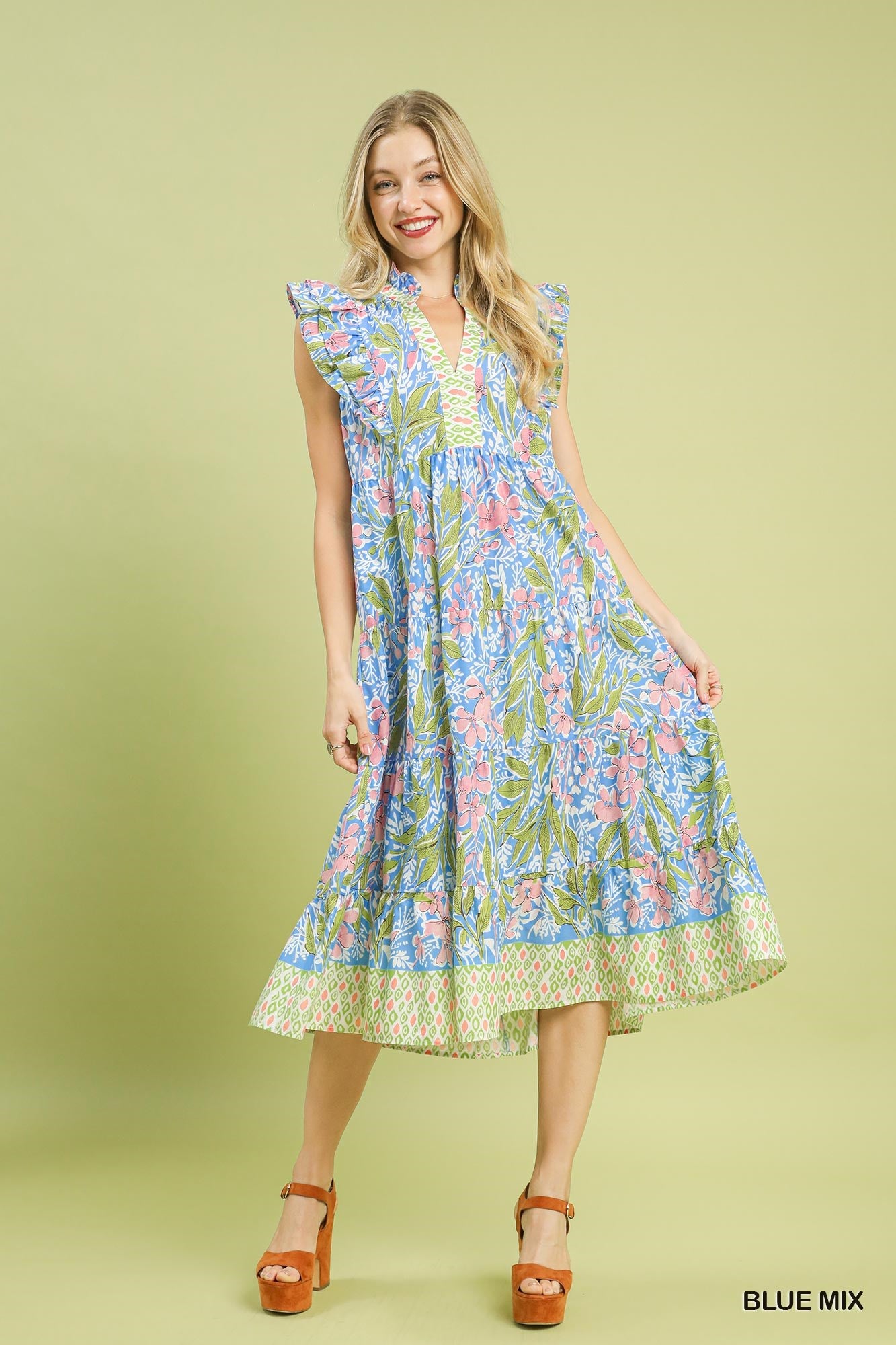 Umgee Blue Mix Floral Tiered Midi Dress with Ruffle Sleeves - M Umgee Blue Mix Floral Tiered Midi Dress with Ruffle Sleeves - M