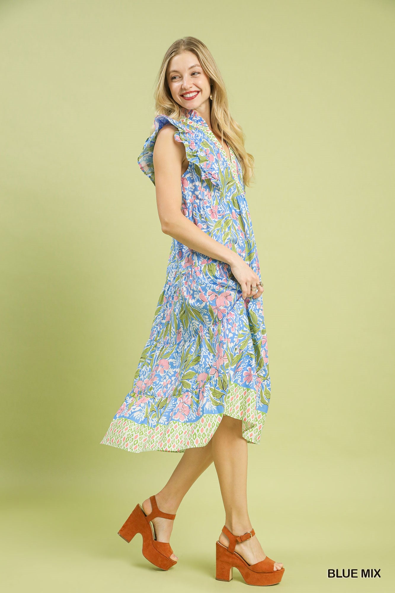 Umgee Blue Mix Floral Tiered Midi Dress with Ruffle Sleeves