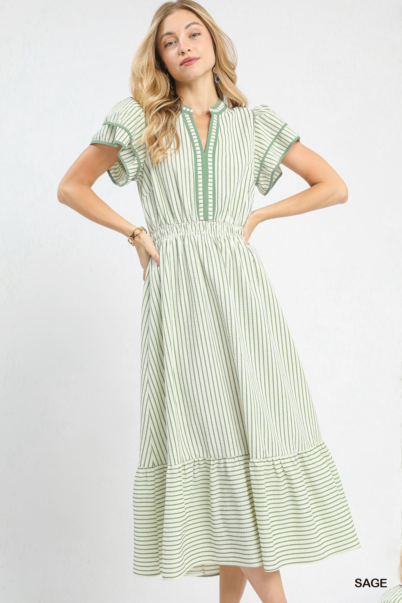 Umgee Sage Striped Flutter Sleeve Midi Dress