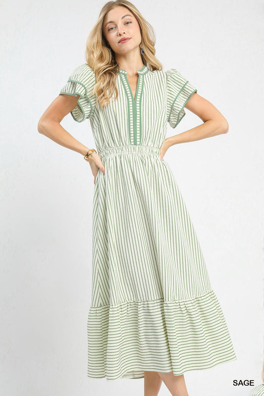 Umgee Sage Striped Flutter Sleeve Midi Dress