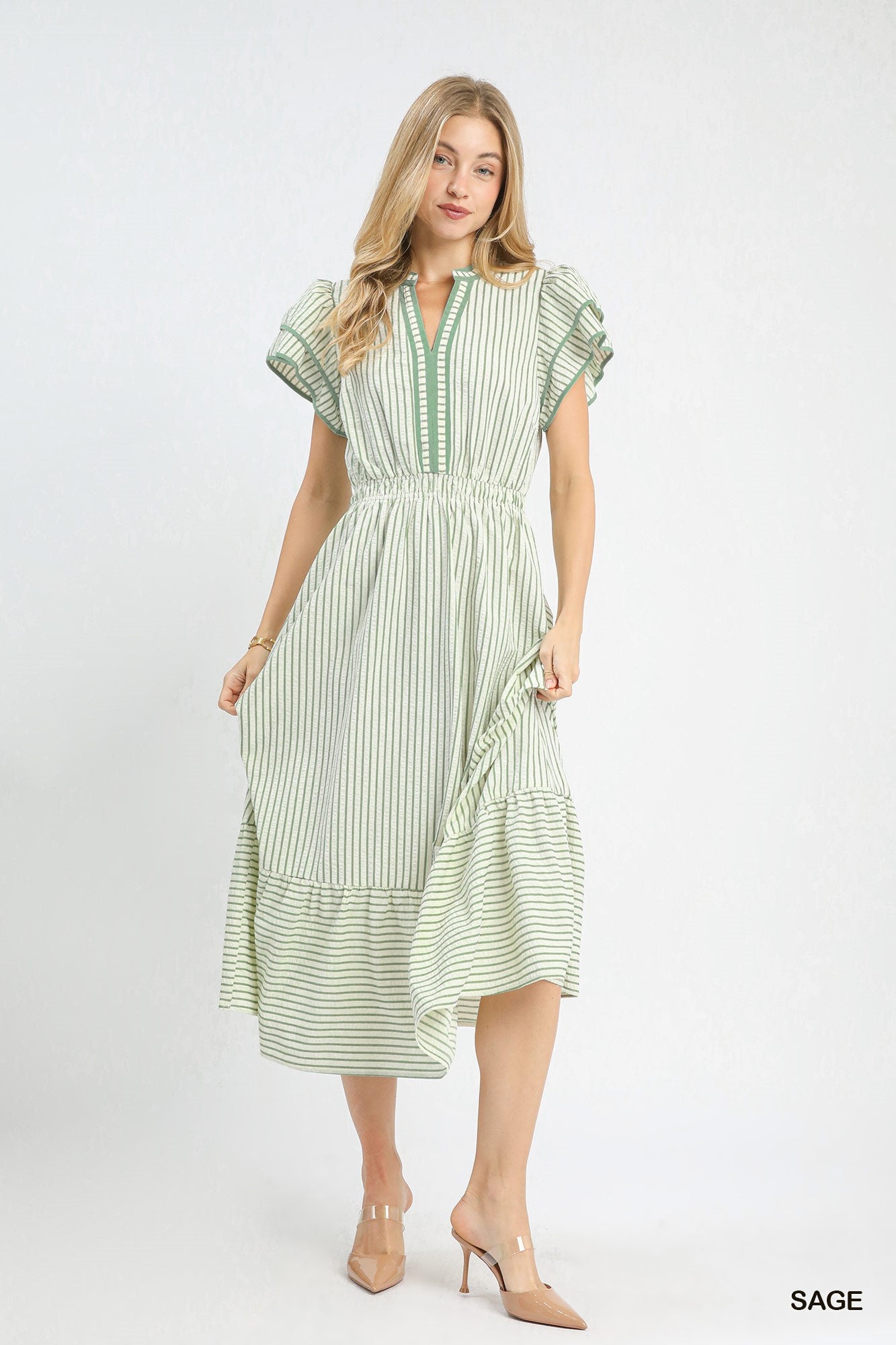 Umgee Sage Striped Flutter Sleeve Midi Dress
