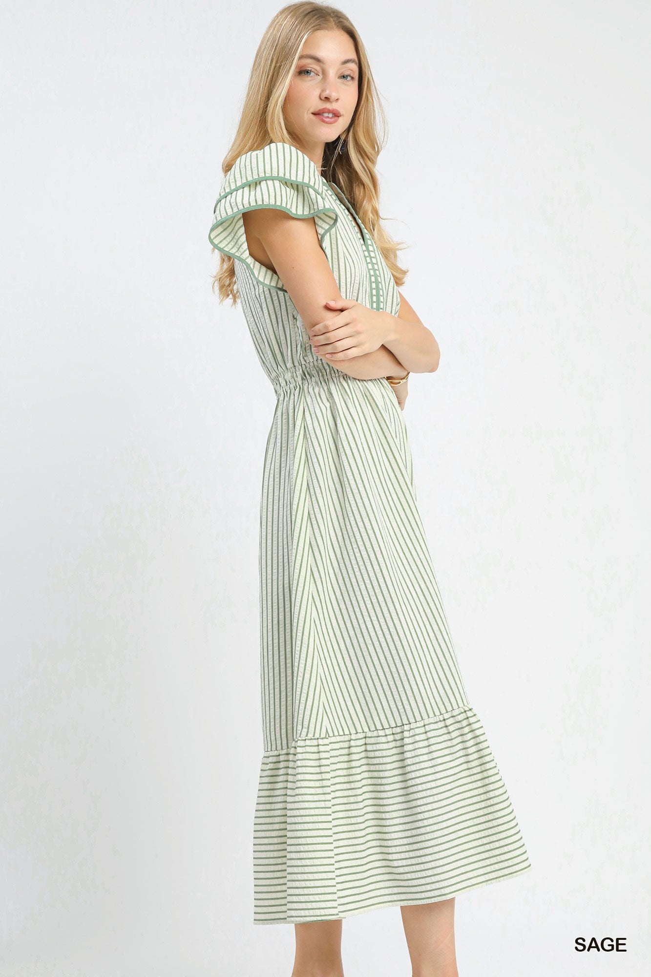 Umgee Sage Striped Flutter Sleeve Midi Dress