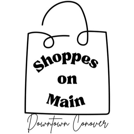 Shoppes on Main Conover Logo with shopping bag graphic around the name of the store
