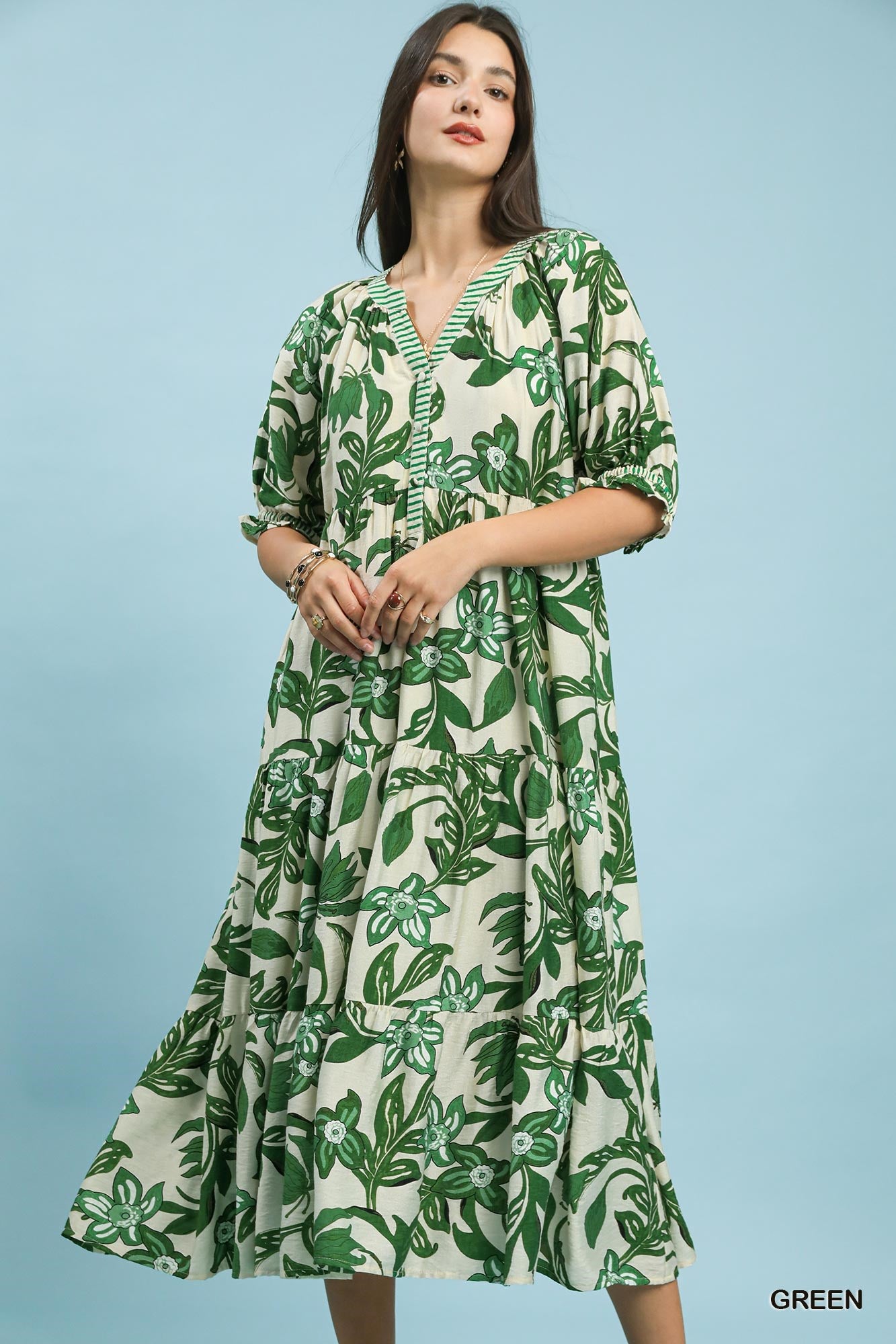 Umgee Green Tropical Floral Tiered Midi Dress