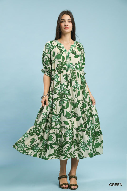Umgee Green Tropical Floral Tiered Midi Dress