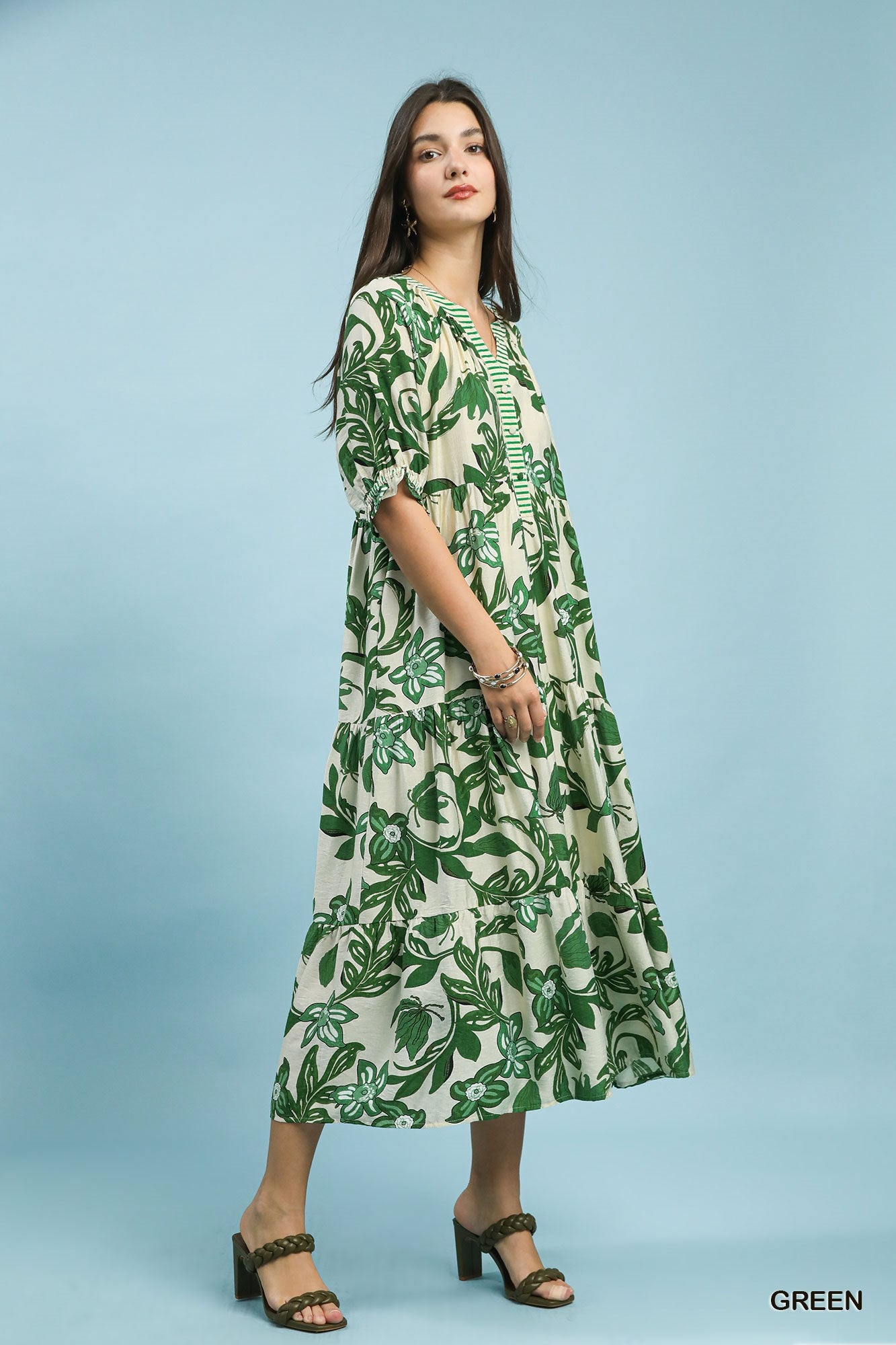 Umgee Green Tropical Floral Tiered Midi Dress