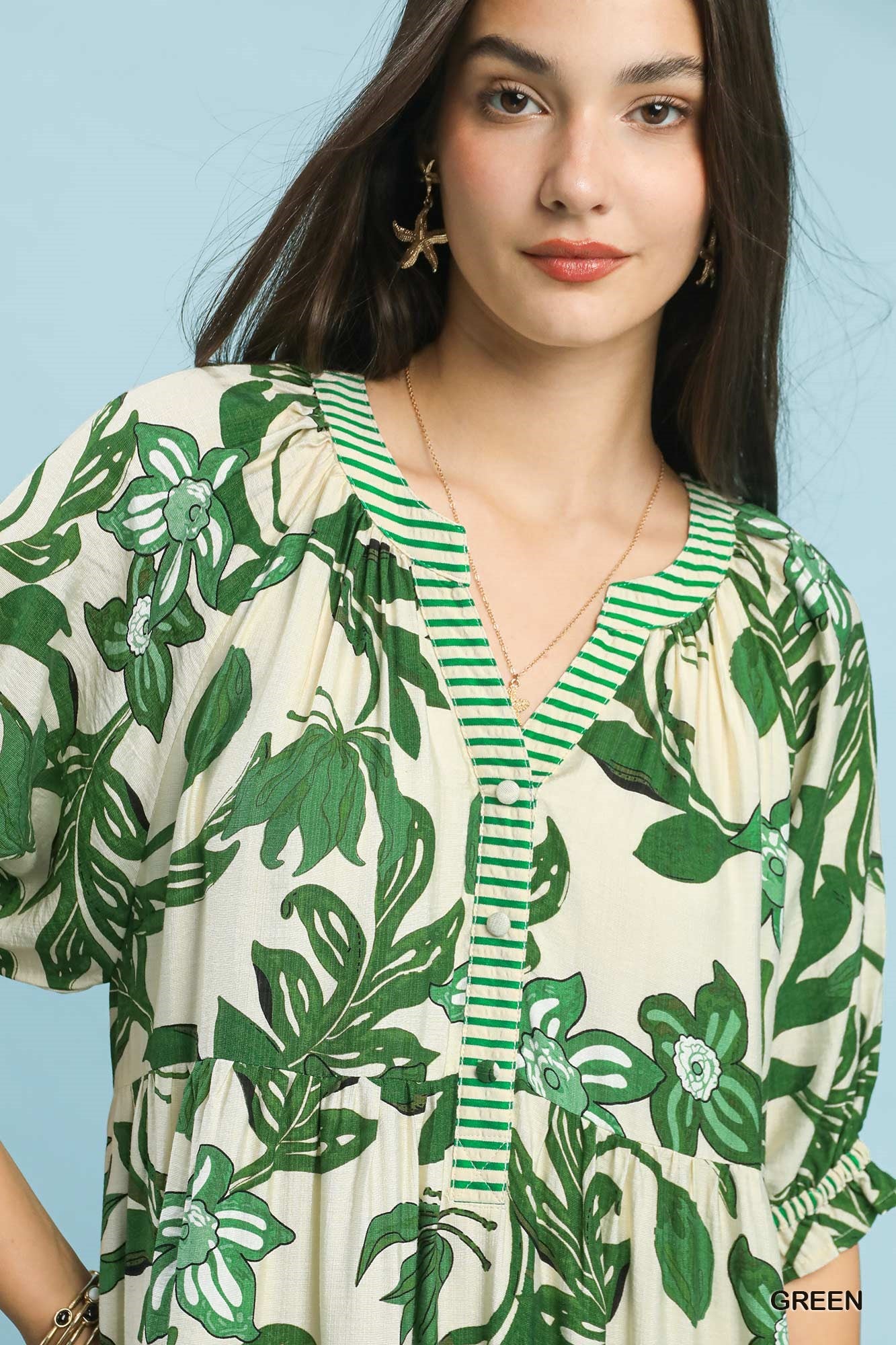 Umgee Green Tropical Floral Tiered Midi Dress