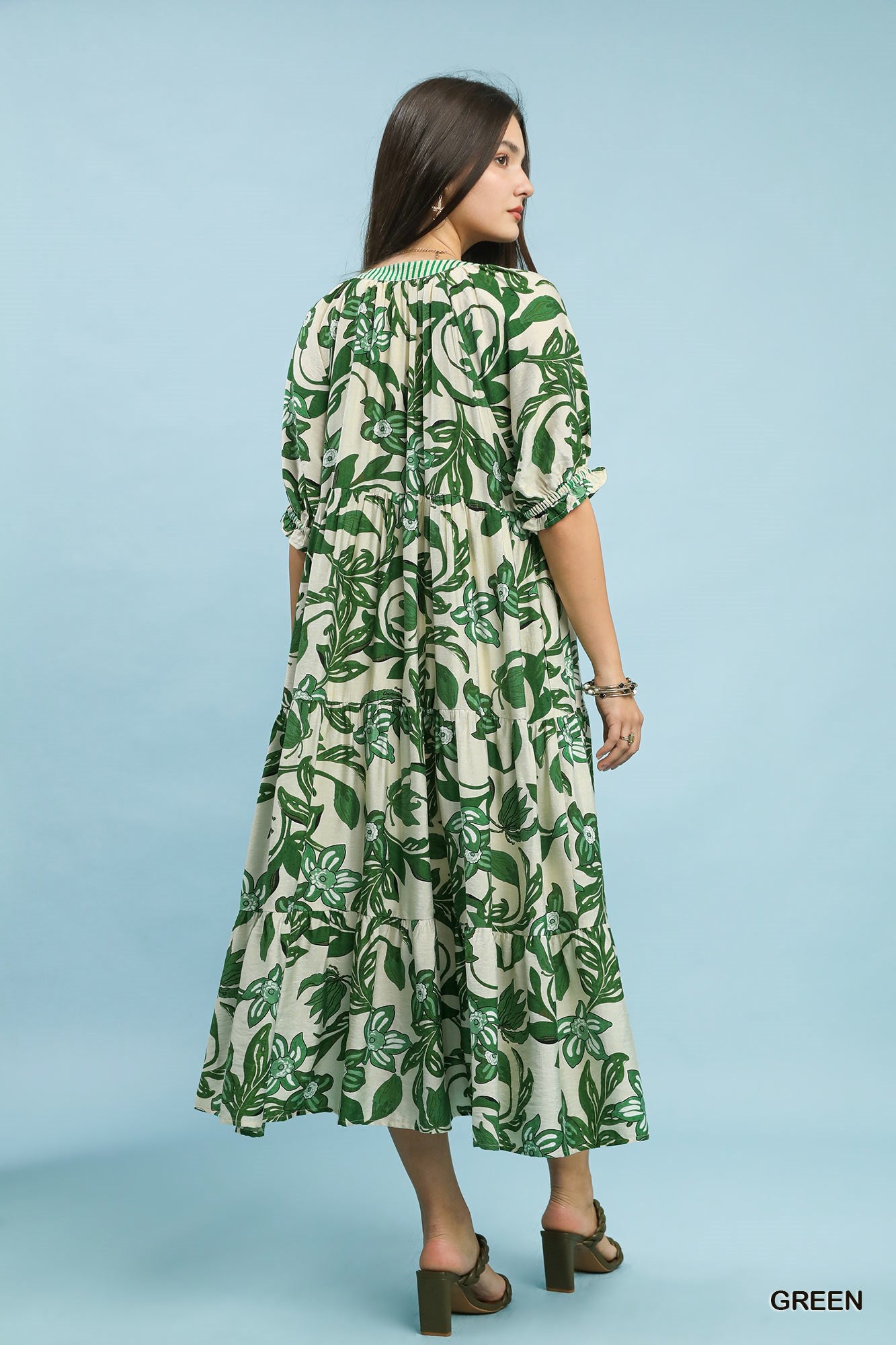 Umgee Green Tropical Floral Tiered Midi Dress