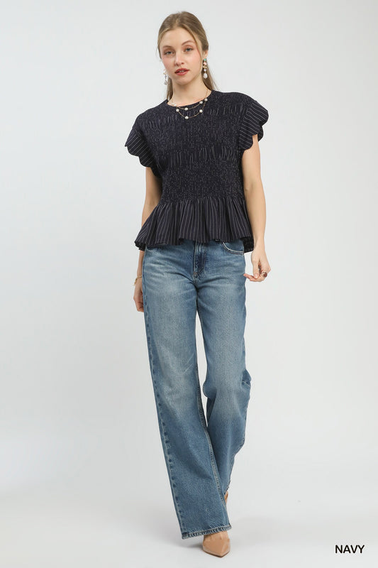 Umgee Navy Pinstripe Smocked Flutter Sleeve Top