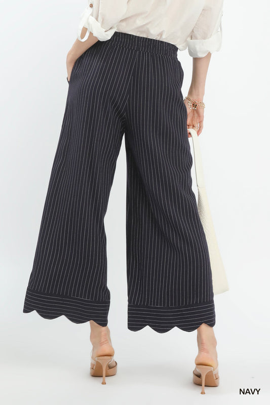 Umgee Navy Pinstripe Scallop Hem Wide Leg Pants