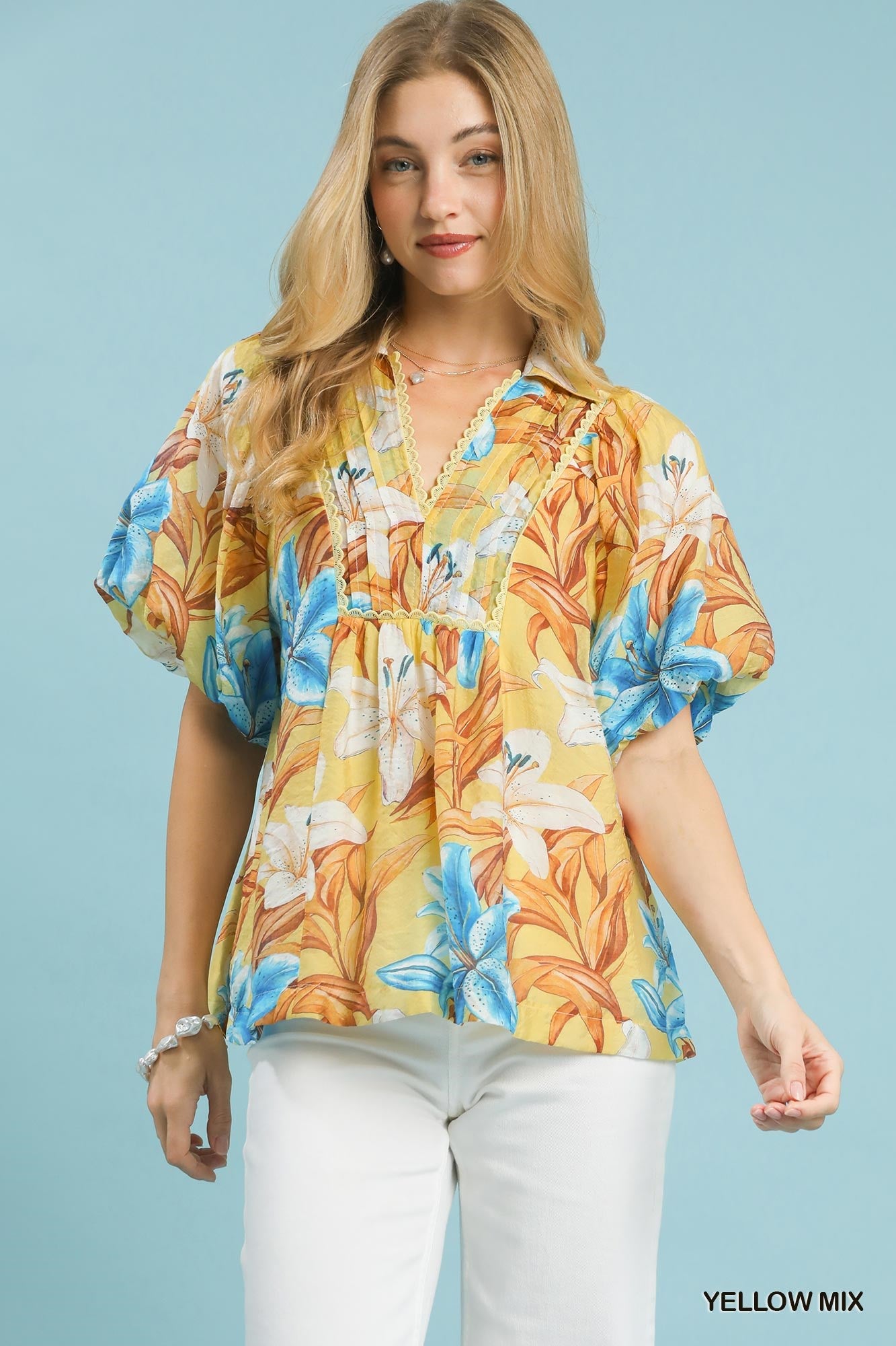 Umgee Yellow Tropical Floral Puff Sleeve Top