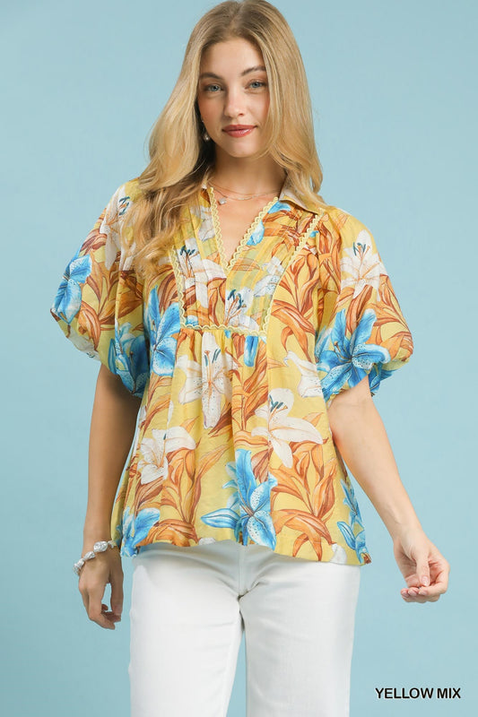 Umgee Yellow Tropical Floral Puff Sleeve Top