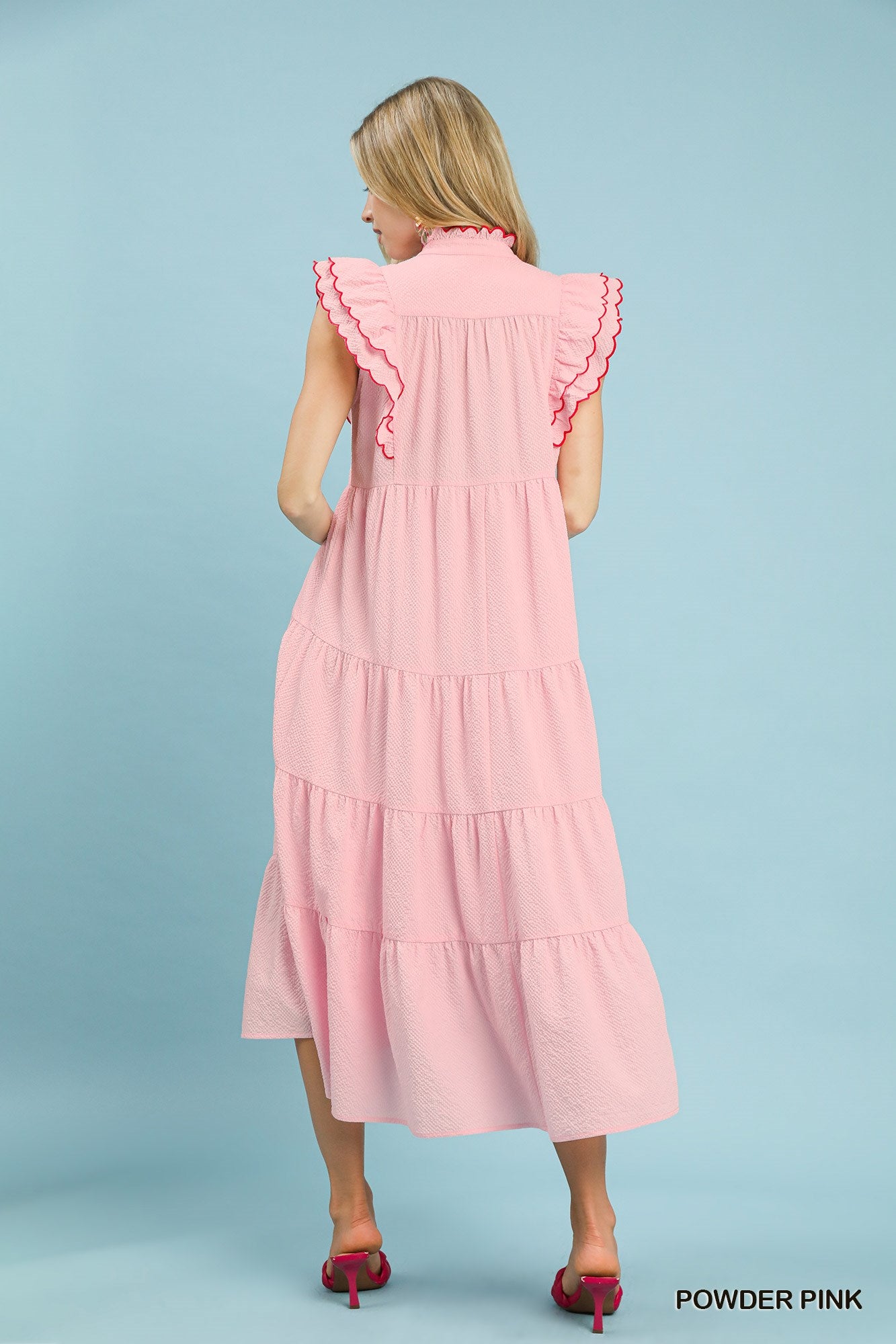 Umgee Seersucker Ruffle Sleeve Tiered Midi Dress – Powder Pink