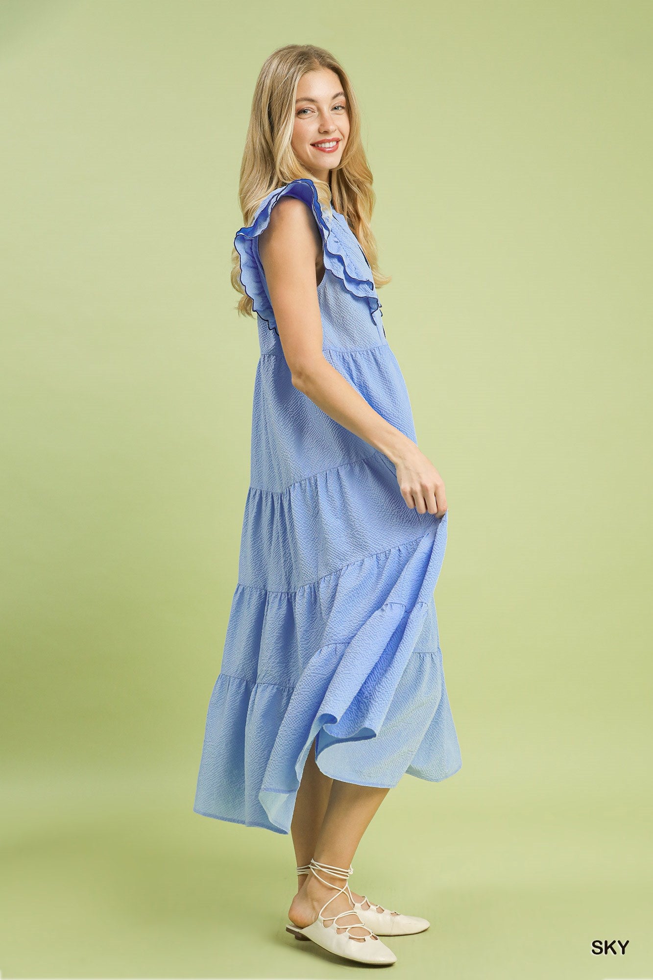 Umgee Seersucker Ruffle Sleeve Tiered Midi Dress – Sky Blue
