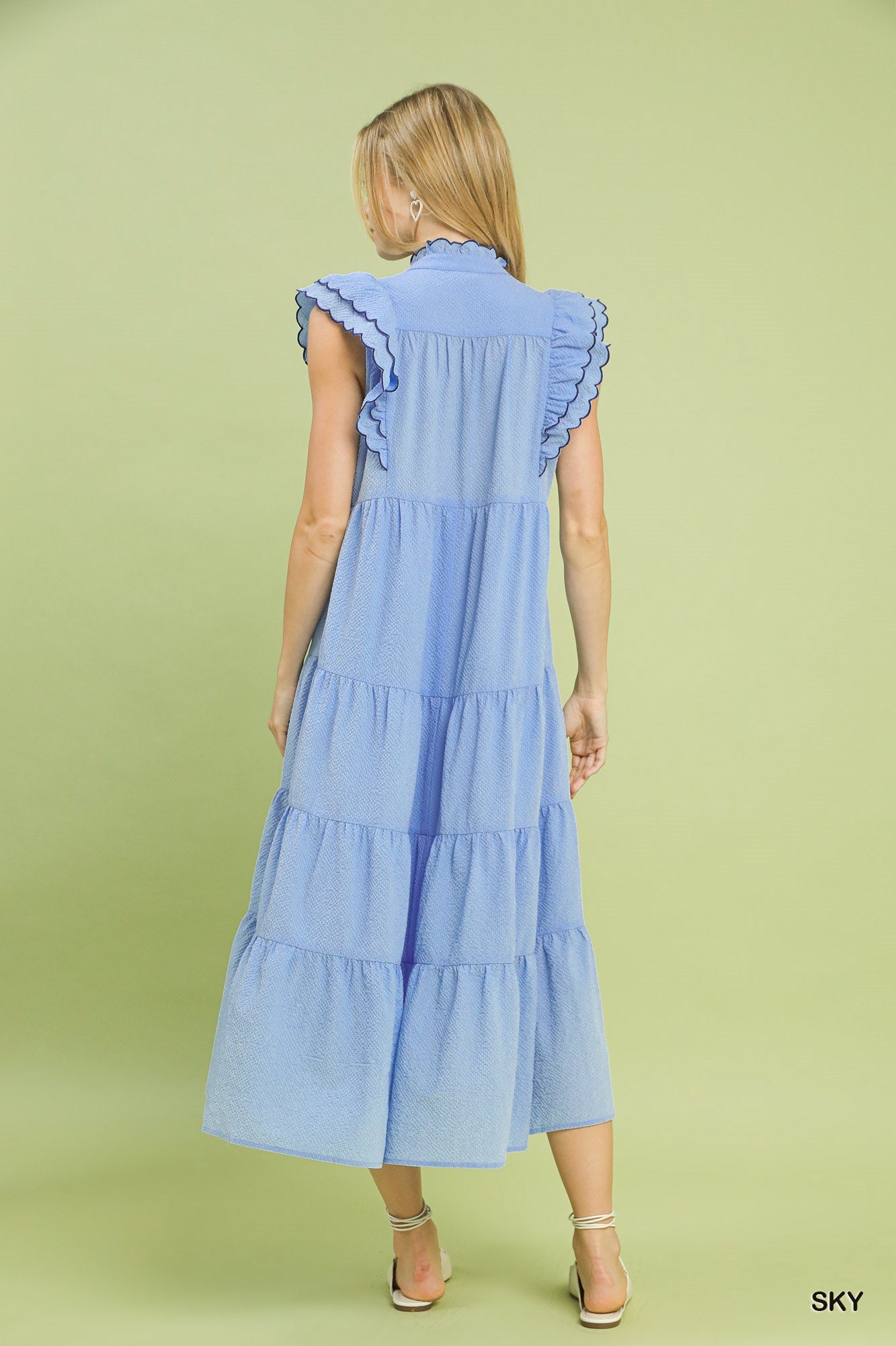 Umgee Seersucker Ruffle Sleeve Tiered Midi Dress – Sky Blue