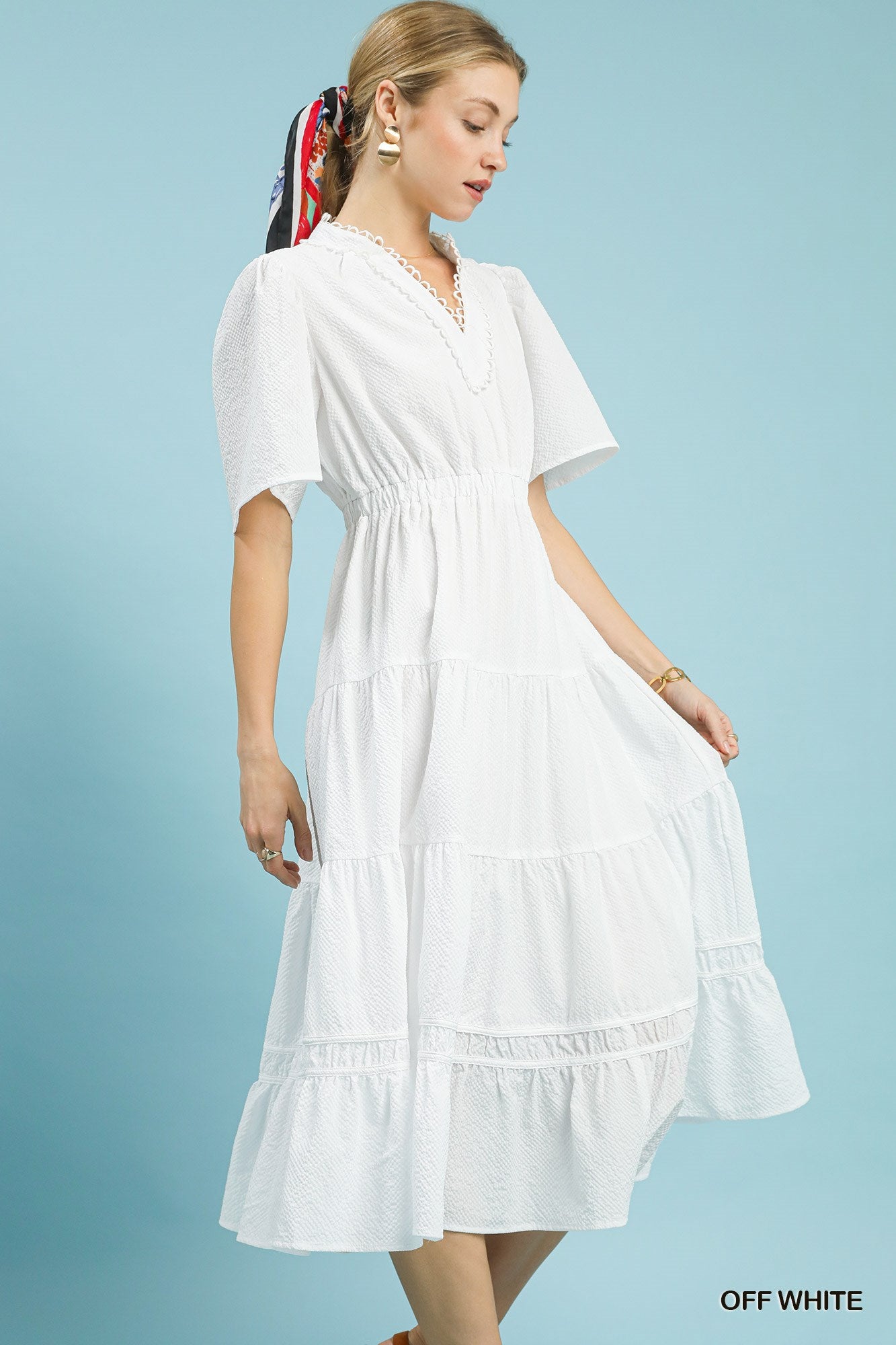 white tiered midi dress with sleeves Off White Lace Half Sleeve Square Neck Smocked Tiered Midi Dress