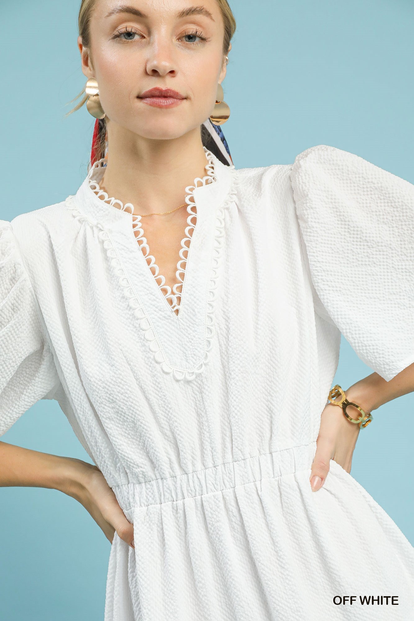 Umgee Textured Seersucker Tiered Midi Dress with Lace Trim – Off-White