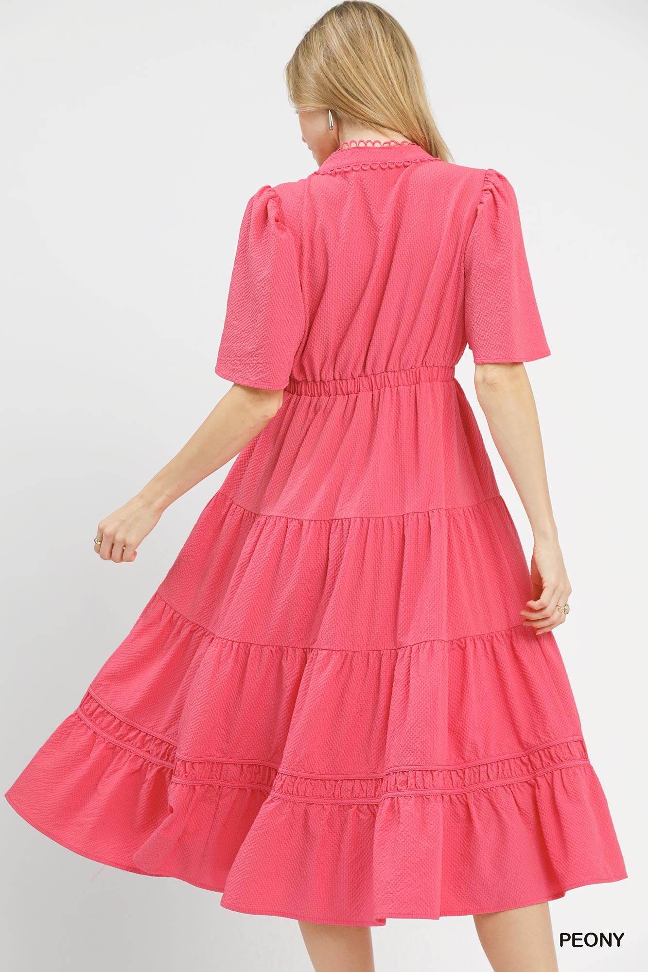Umgee Textured Seersucker Tiered Midi Dress with Lace Trim – Peony Pink