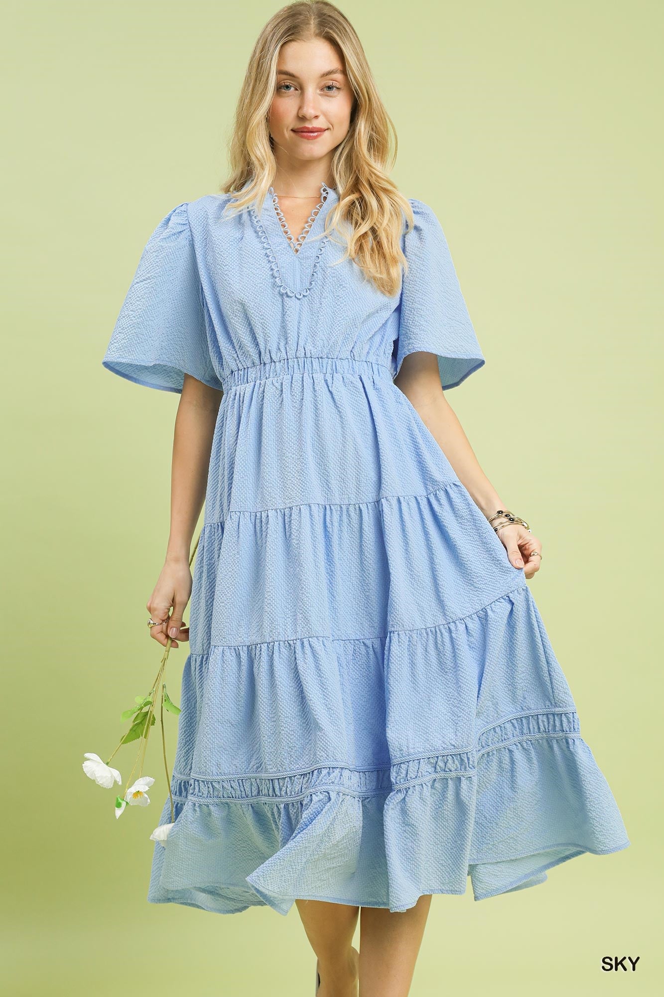 Umgee Textured Seersucker Tiered Midi Dress with Lace Trim – Sky Blue