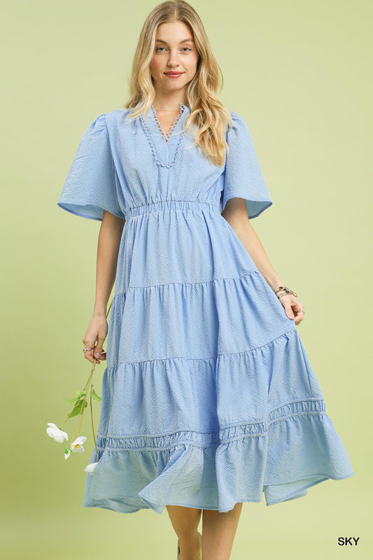 Umgee Textured Seersucker Tiered Midi Dress with Lace Trim – Sky Blue
