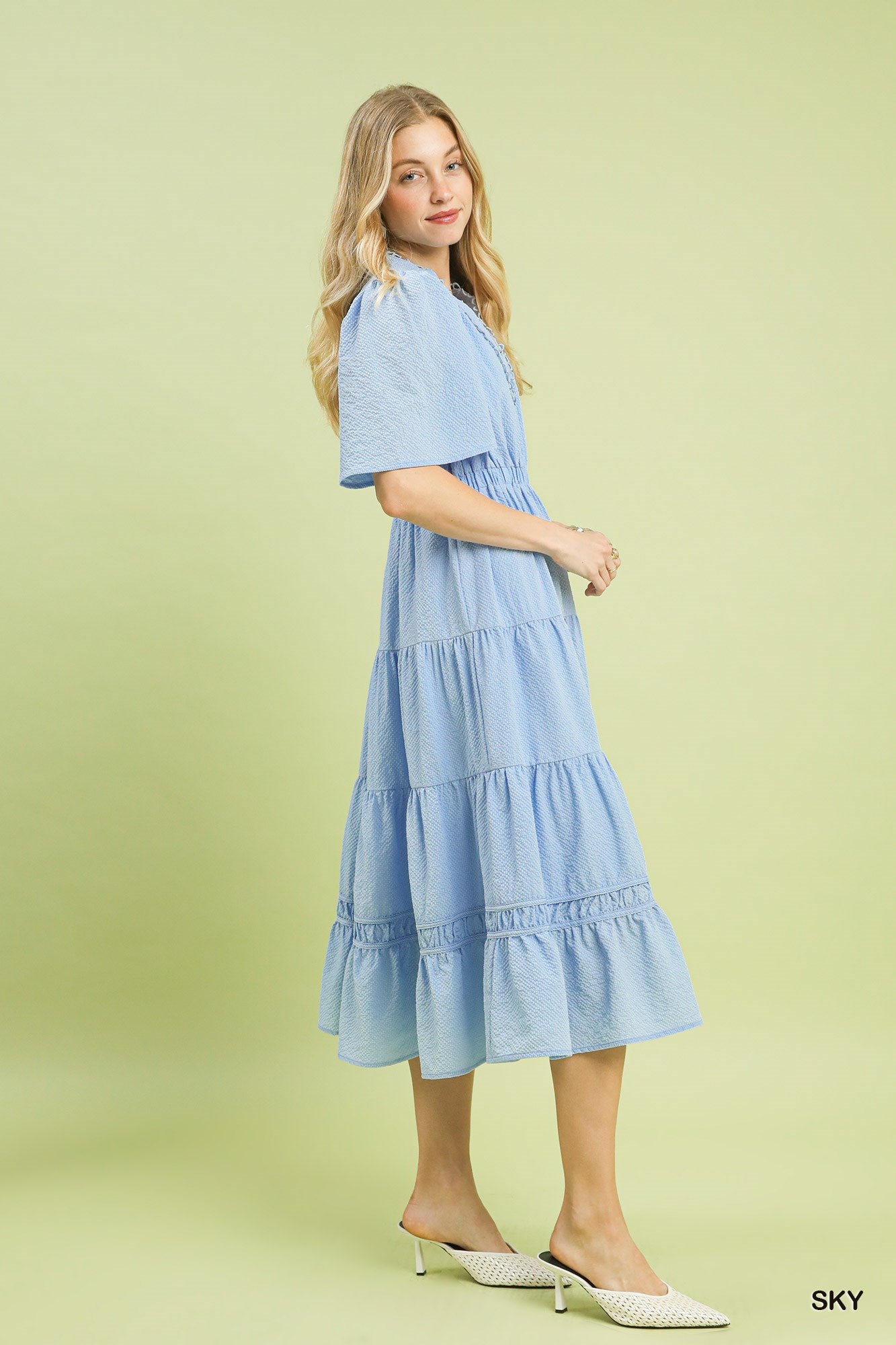 Umgee Textured Seersucker Tiered Midi Dress with Lace Trim – Sky Blue