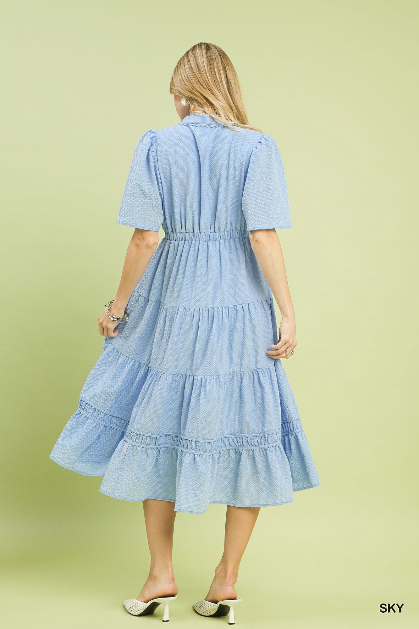 Umgee Textured Seersucker Tiered Midi Dress with Lace Trim – Sky Blue