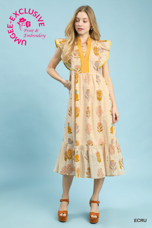Umgee Ecru Botanical Floral Midi Dress