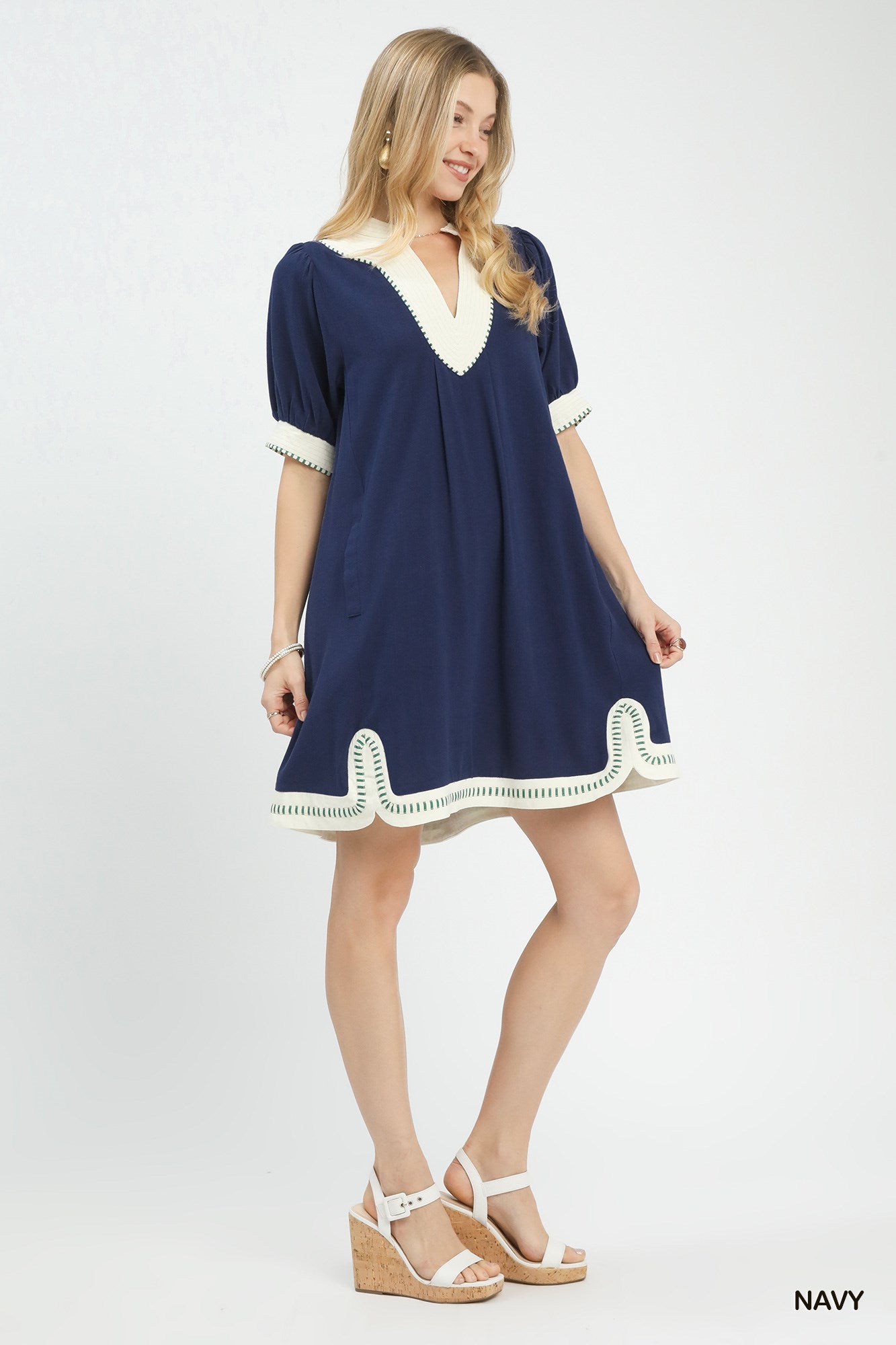 Umgee Navy Linen Contrast Trim Midi Dress