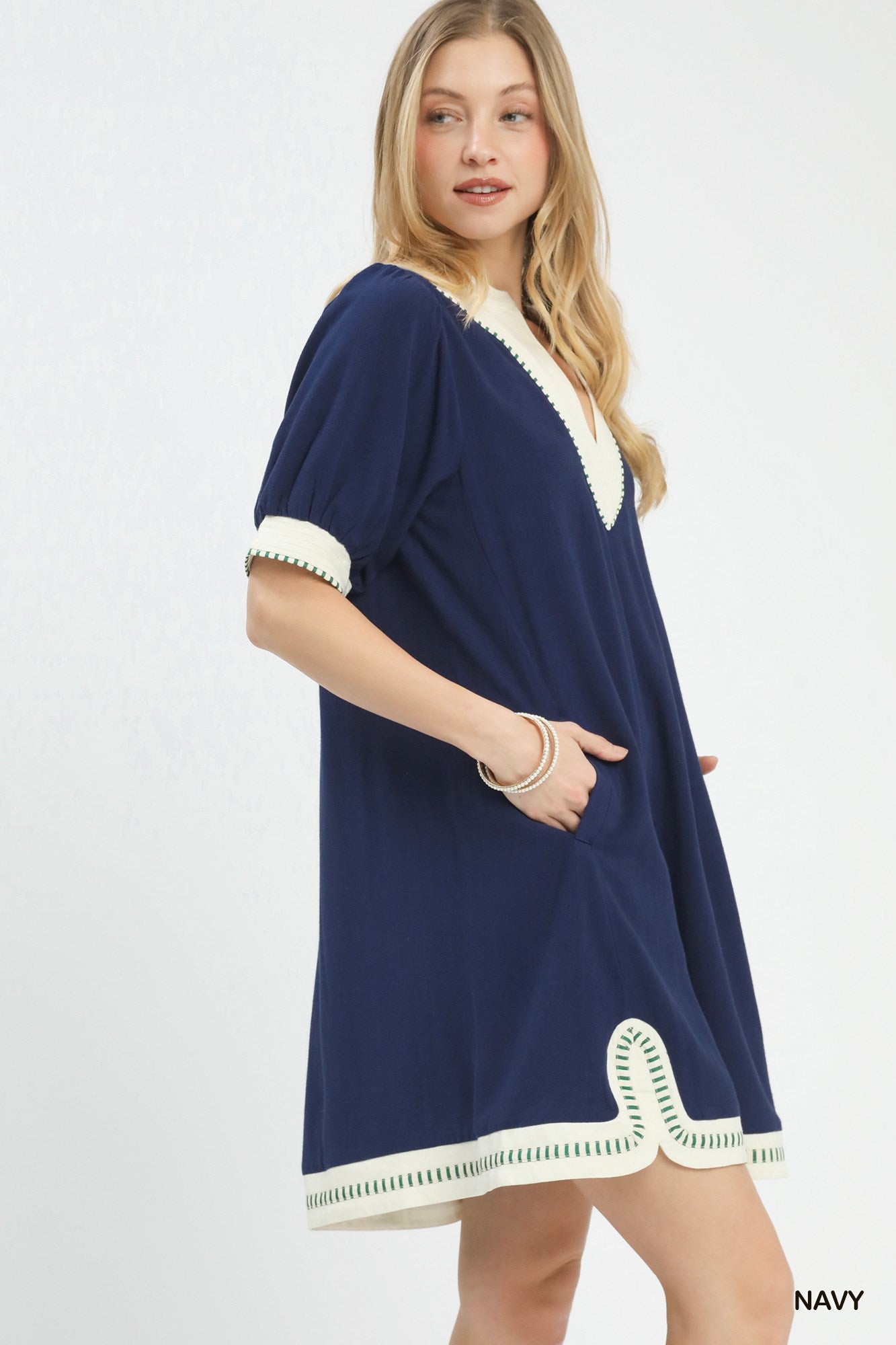 Umgee Navy Linen Contrast Trim Midi Dress
