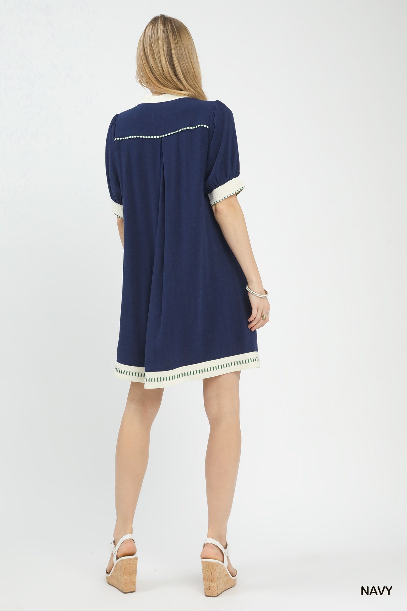 Umgee Navy Linen Contrast Trim Midi Dress