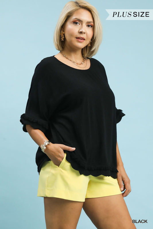 PLUS Umgee Linen Frayed Hem Scallop Edge Top – Black