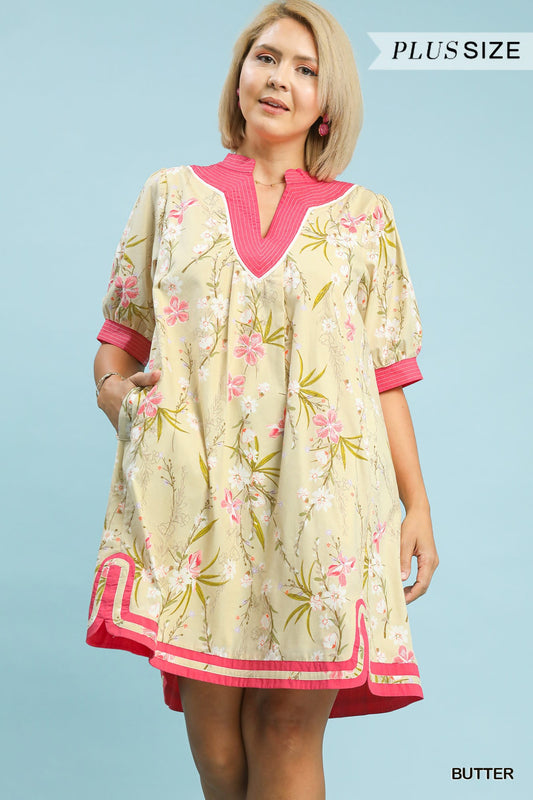 PLUS Umgee Floral Puff Sleeve Contrast Trim Dress