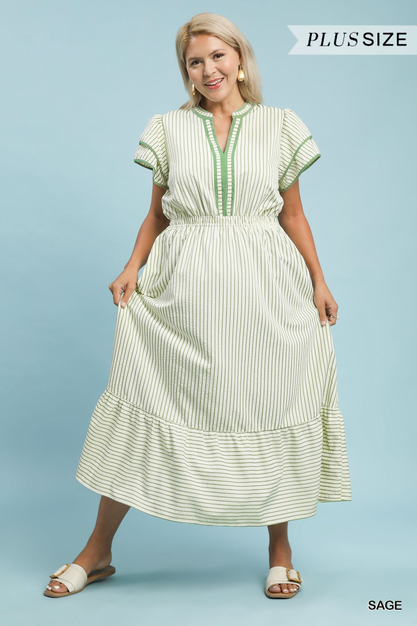 PLUS Umgee Sage Striped Flutter Sleeve Midi Dress