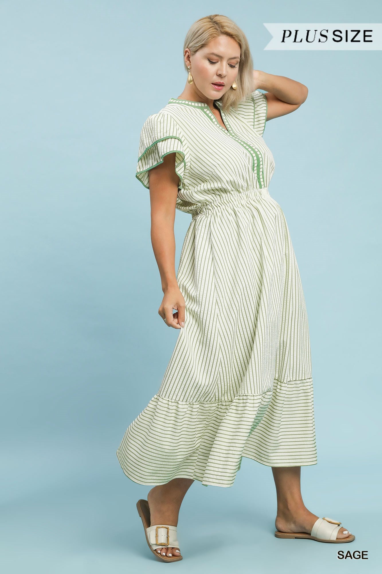 Plus Size Umgee Green Dress PLUS Umgee Sage Striped Flutter Sleeve Midi Dress Www Plus Size Umgee Green Dress PLUS Umgee Sage Striped Flutter Sleeve Midi Dress Www