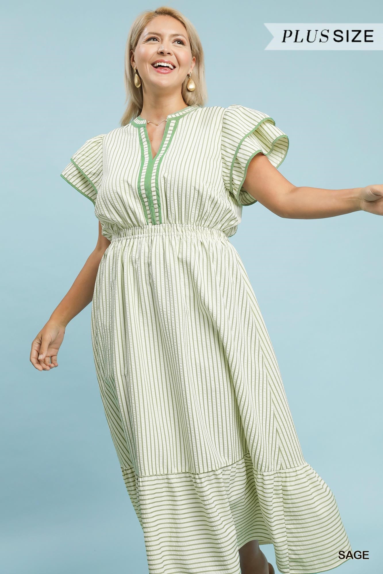 PLUS Umgee Sage Striped Flutter Sleeve Midi Dress - 2XL PLUS Umgee Sage Striped Flutter Sleeve Midi Dress - 2XL