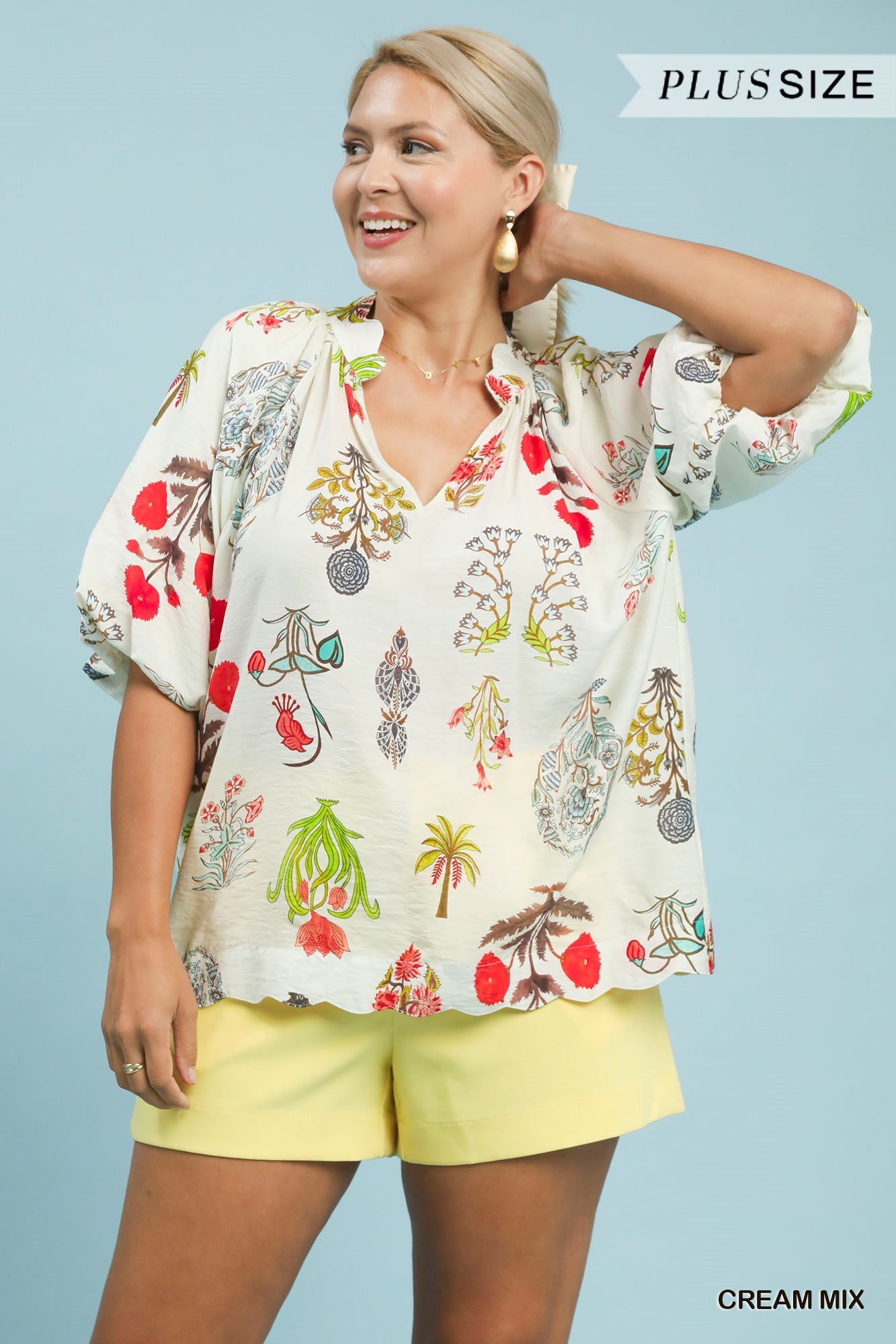 PLUS Umgee Split Neck Floral Print Blouse with Scalloped Edge