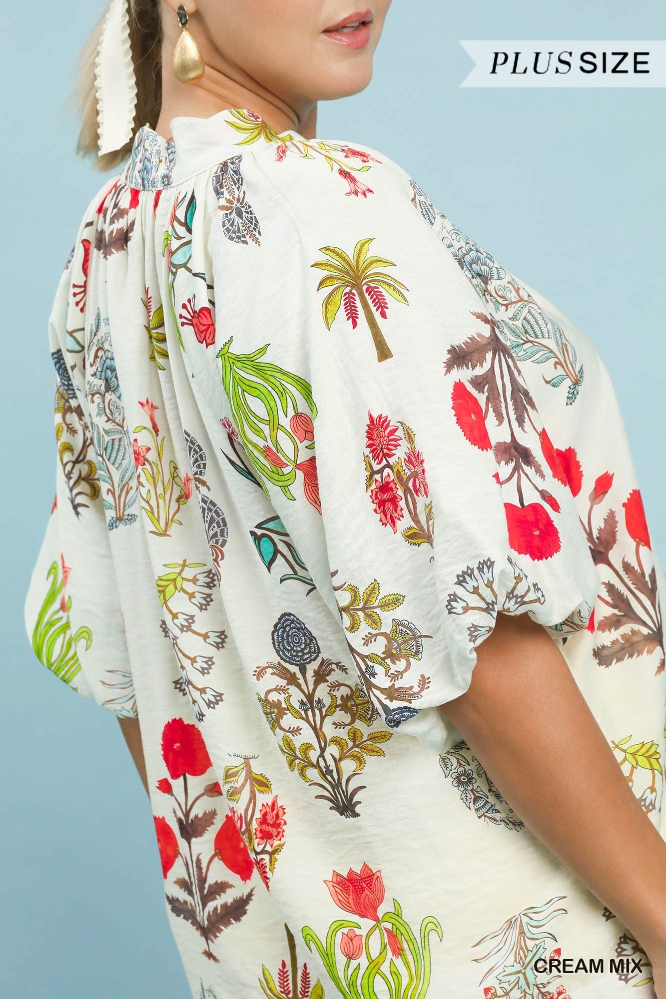 PLUS Umgee Split Neck Floral Print Blouse with Scalloped Edge