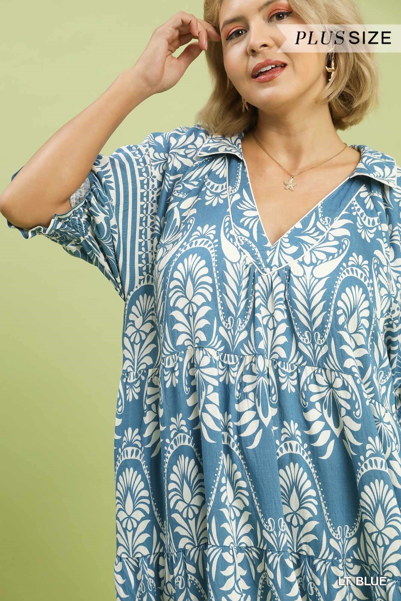 PLUS Umgee Two-Tone Border Print Tiered Midi Dress – Blue