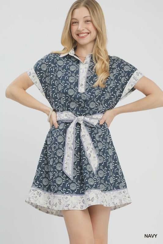 Umgee Navy Floral Contrast Trim Mini Dress